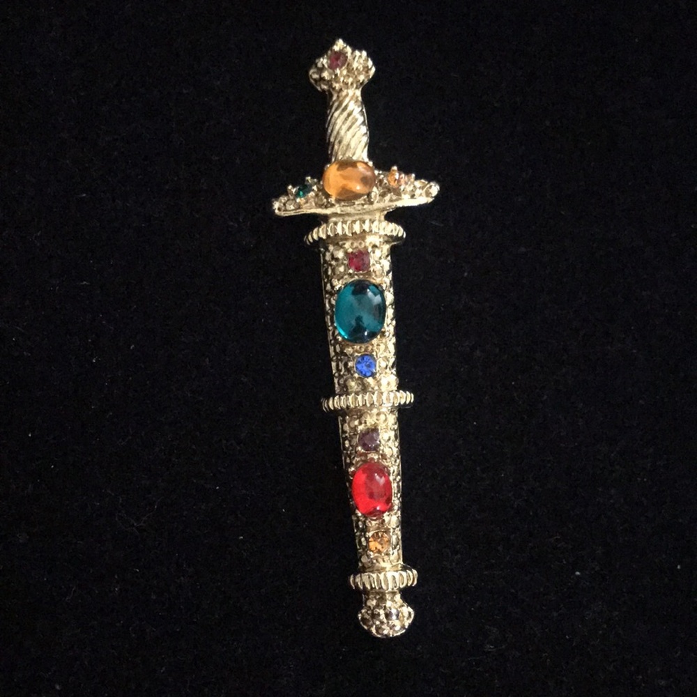 Vintage Bold Color Lucite Glass Bead Gold Tone Sword Pin